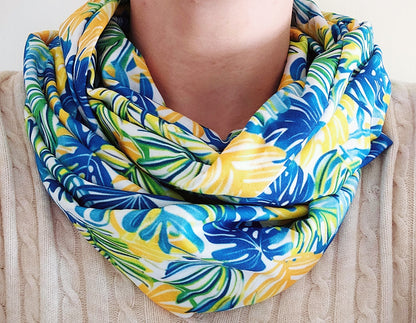 Palm Leaves Blue and Yellow Premium Print 100% Knitted Cotton Infinity Scarf
