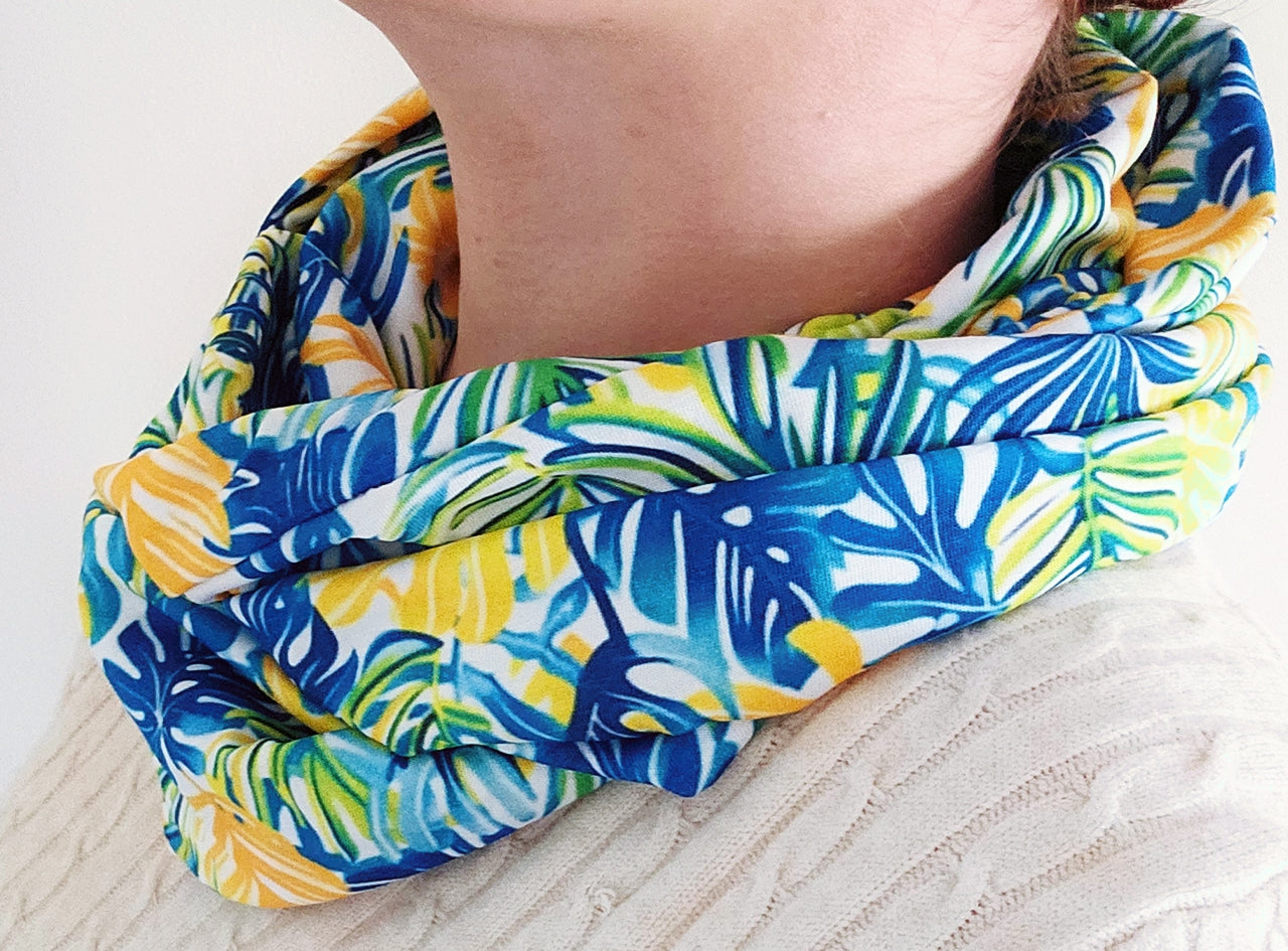 Palm Leaves Blue and Yellow Premium Print 100% Knitted Cotton Infinity Scarf