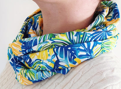 Palm Leaves Blue and Yellow Premium Print 100% Knitted Cotton Infinity Scarf