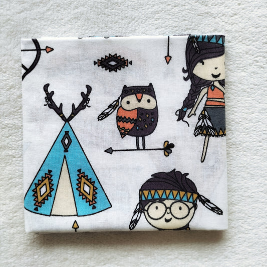 Cute Tribal-Themed Cartoon Fabric – Teepee, Owl & Character Design - 100% Cotton (50 x 50 cm)
