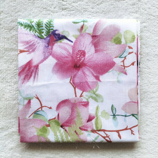 Hummingbird & Orchid Floral Fat Quarter – Watercolour Pink Blooms on White (50 x 50 cm)
